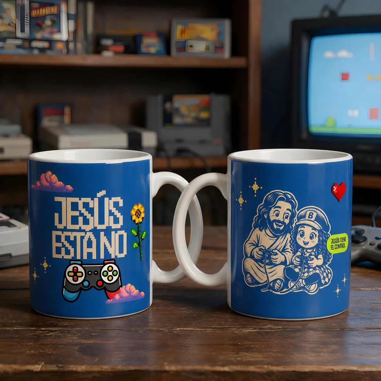 Tazas azules sobre una mesa